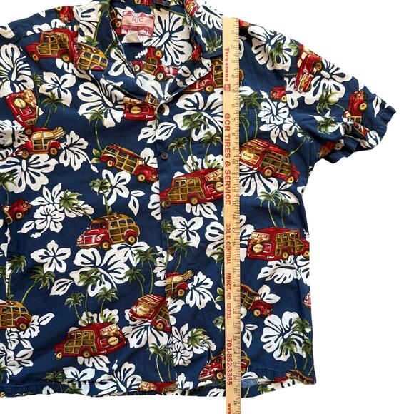 Vintage RJC Hawaiian Shirt Men's XL Navy Multi Floral Bus Vehicles Made in USA - Picture 9 of 10